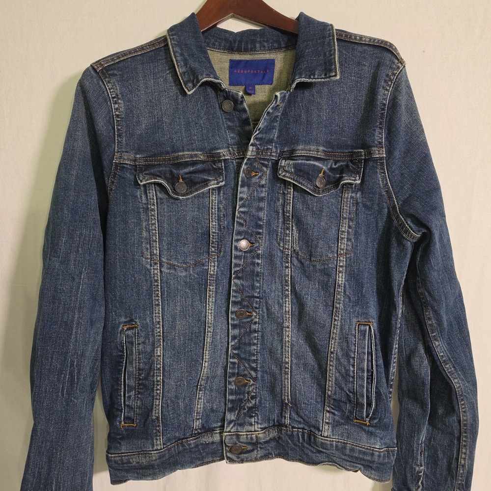 Aeropostale Denim Jacket Mens Size Medium Modern Distressed Button Down